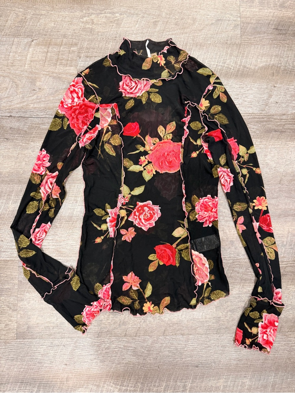 Free People Charlie Printed Mesh Top Sz M Black Floral Sheer Whimsygoth Romantic - Picture 2 of 9